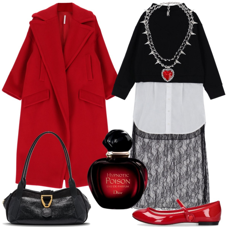 Outfit donna - Red passion. Stile Romantica per Tutti i giorni. Abbinamento con profumi, cappotti, vestiti lunghi, ballerine, borse a spalla, collane.