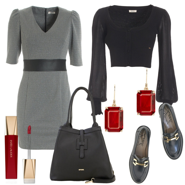 Outfit donna - Cena a casa di amici. Stile Bon Ton per Serata fuori. Abbinamento con rossetti, cardigans, vestiti, borse a secchiello, orecchini, mocassini.