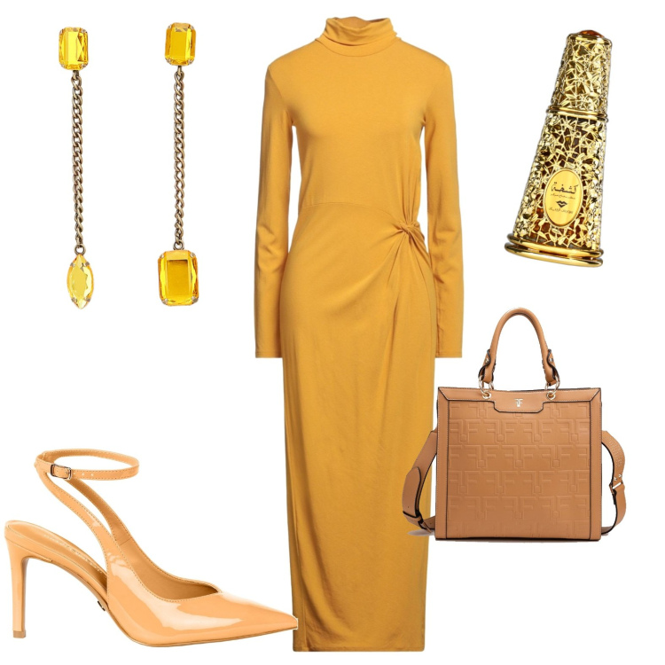Outfit donna - Total look #1745529. Stile Casual chic per Serata fuori. Abbinamento con vestiti midi/longuette, profumi, décolleté, borse tote, orecchini.