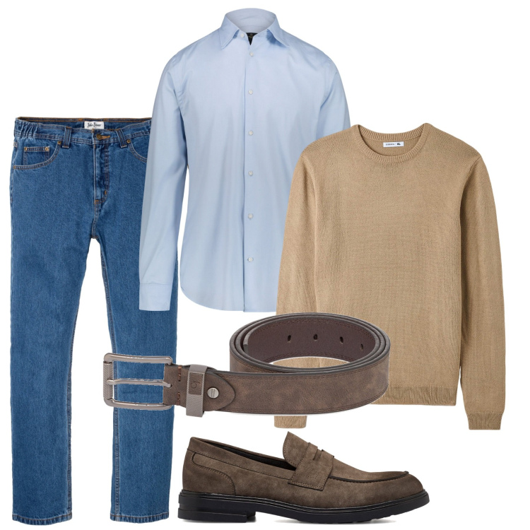 Outfit uomo - Comodo con gli amici. Stile Casual per Tutti i giorni. Abbinamento con jeans dritti, maglieria, scarpe stringate, cinture, camicie.
