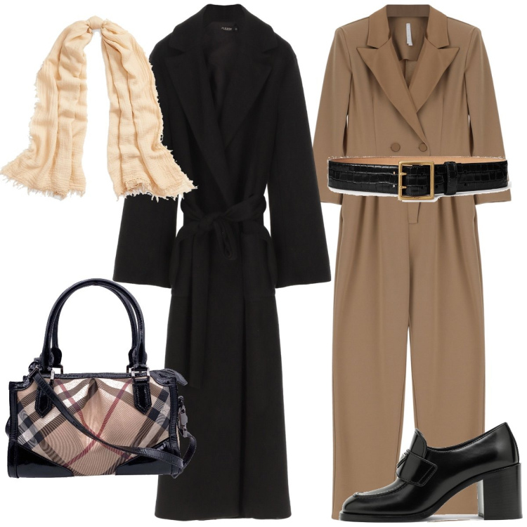 Outfit donna - Chic in tuta. Stile Casual chic per Tutti i giorni. Abbinamento con borse a mano, cappotti, tute, cinture, sciarpe, mocassini.