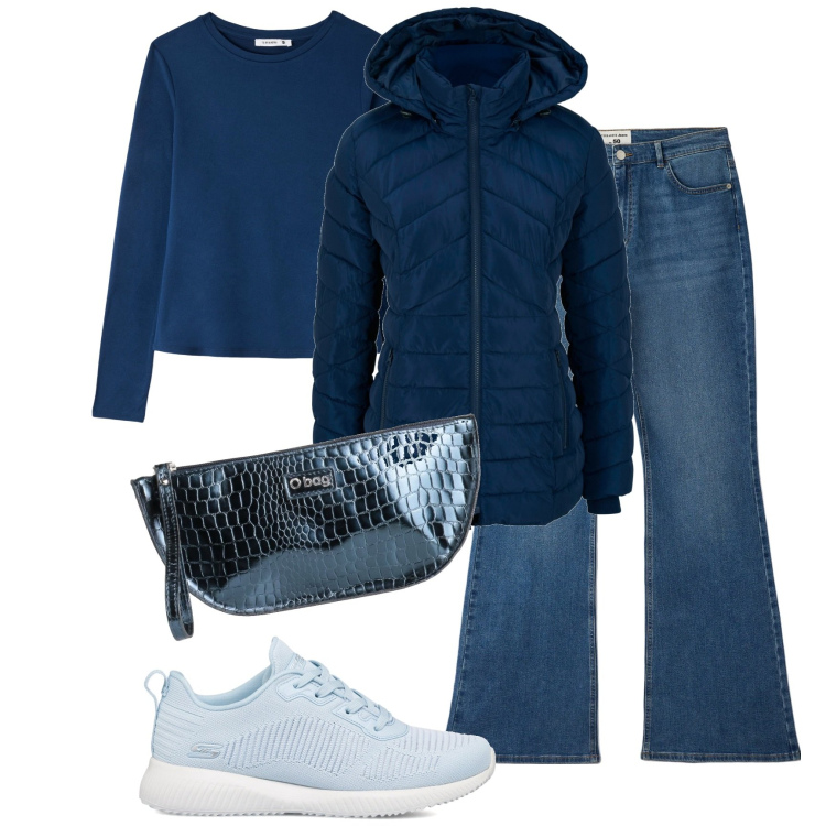 Outfit donna - Basic in blu. Stile Basic per Tutti i giorni. Abbinamento con giacche, borse a mano, jeans a zampa, t-shirt, sneakers.