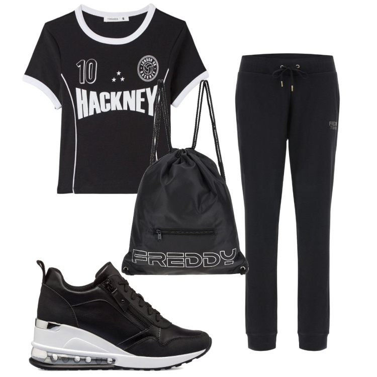 Outfit donna - Total look #1745616. Stile Basic per Sport. Abbinamento con t-shirt sportive, zaini, pantaloni sportivi, sneakers.