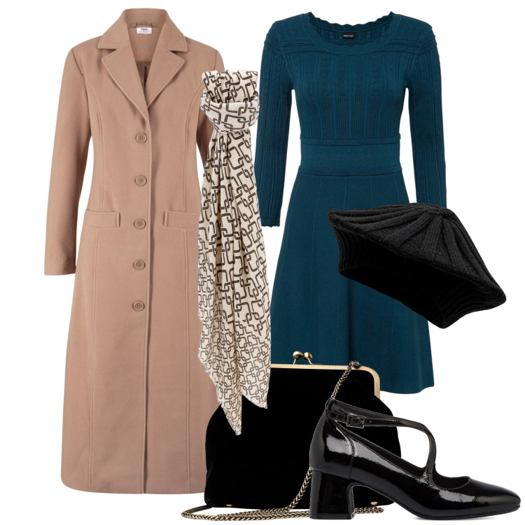 Outfit donna - Il vestito ottanio. Stile Vintage retrò per Ufficio. Abbinamento con vestiti, cappotti, foulard, décolleté, cappelli e berretti, clutch.