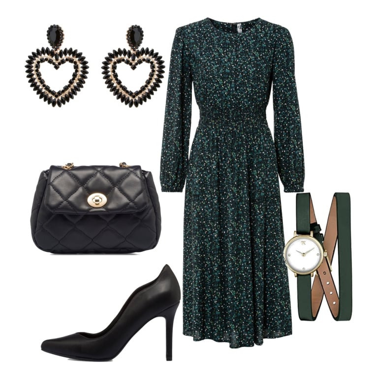 Outfit donna - In città. Stile Chic per Tutti i giorni. Abbinamento con vestiti midi/longuette, orecchini, borse a tracolla, décolleté, orologi analogici.
