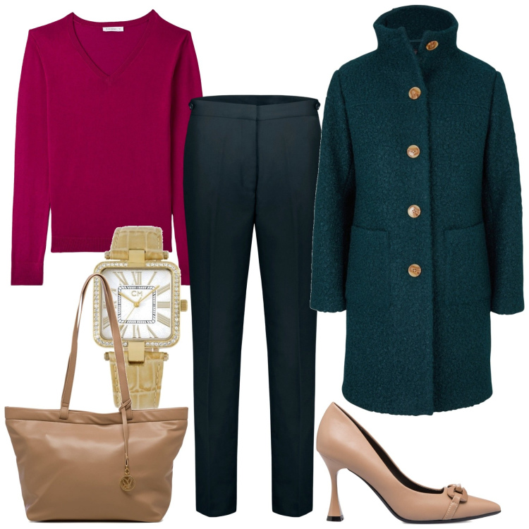 Outfit donna - Gli accessori beige. Stile Casual chic per Ufficio. Abbinamento con cappotti, maglieria, décolleté, borse a spalla, pantaloni, orologi.