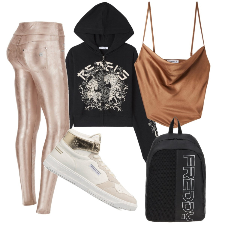 Outfit donna - Sportivamente trendy. Stile Trendy per Sport. Abbinamento con top, felpe con cappuccio, zaini, pantaloni skinny, sneakers alte.