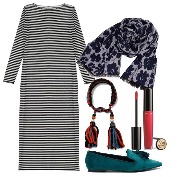 Outfit donna - Vestito lungo a righe. Stile Basic per Serata fuori. Abbinamento con gloss, vestiti lunghi, ballerine, sciarpe, braccialetti.