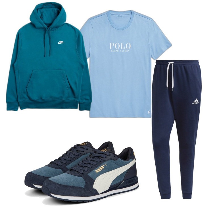 Outfit uomo - Total look #1745767. Stile Casual per Sport. Abbinamento con felpe con cappuccio, t-shirt, sneakers, pantaloni.