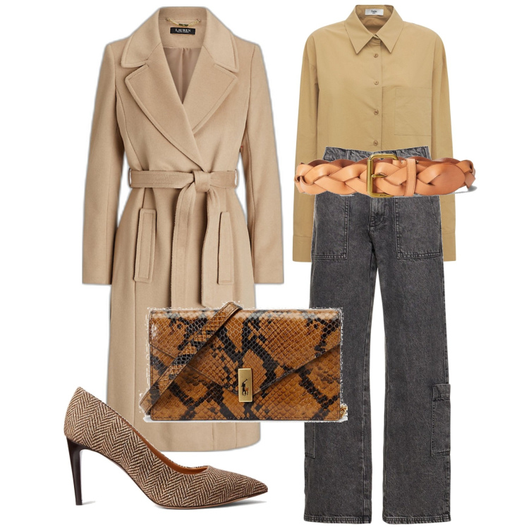 Outfit donna - Colori autunnali. Stile Bon Ton per Tutti i giorni. Abbinamento con cinture, cappotti, décolleté, clutch, pantaloni, camicie.