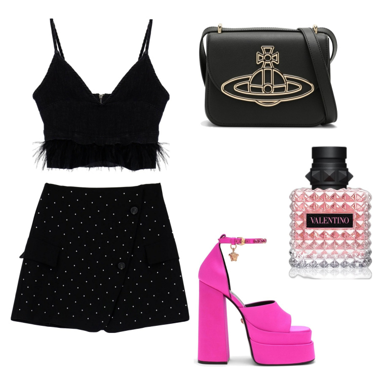 Outfit donna - Fancy. Stile Trendy per Serata fuori. Abbinamento con profumi, top, minigonne, borse a tracolla, sandali col tacco.