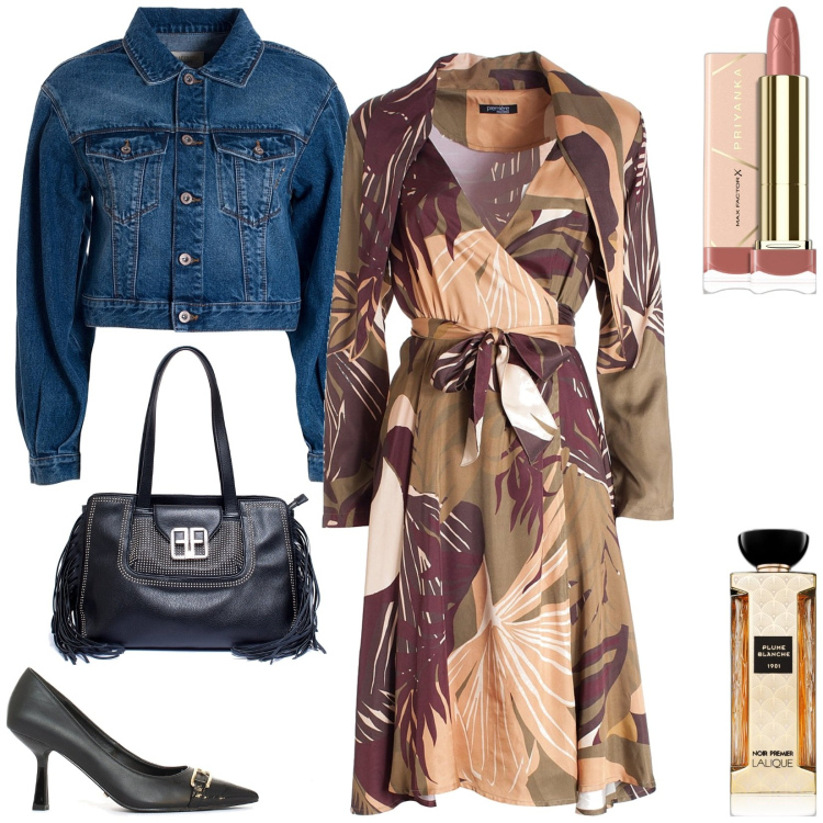 Outfit donna - Look Vestito autunno. Stile Casual chic per Tutti i giorni. Abbinamento con profumi, rossetti, vestiti midi/longuette, giacche, borse a mano, décolleté.