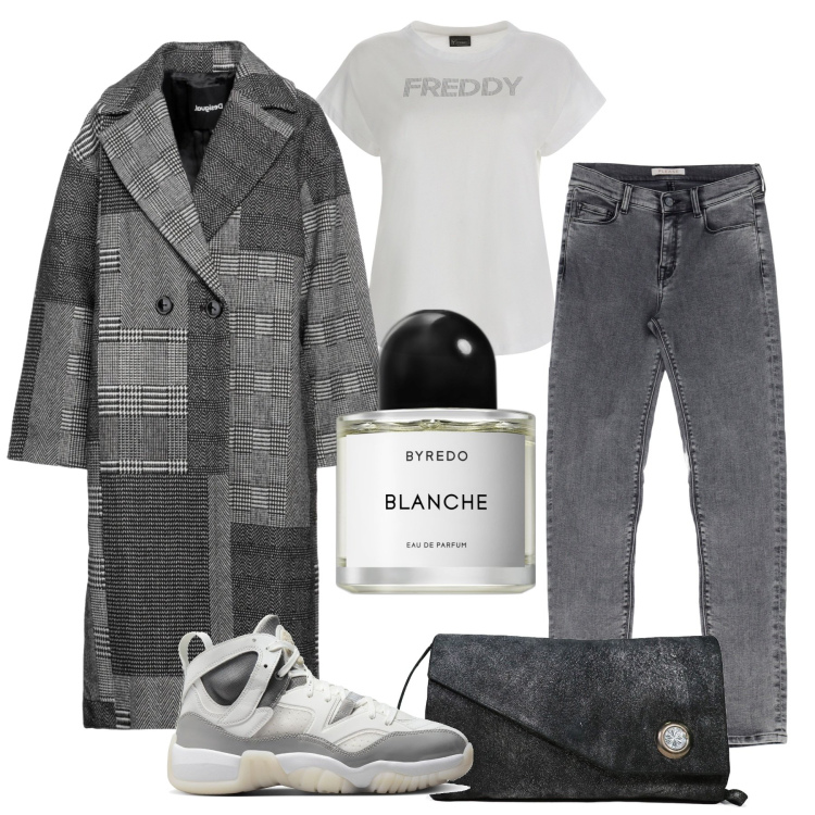 Outfit donna - Mix&Match. Stile Glamour per Tutti i giorni. Abbinamento con cappotti, borse a spalla, profumi, jeans slim fit, t-shirt, sneakers.