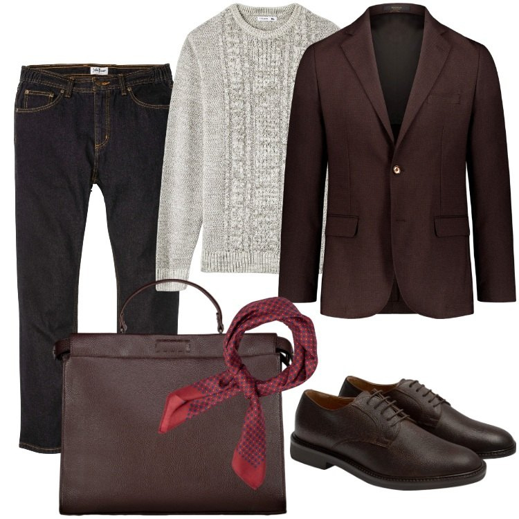 Outfit uomo - La Borsa da Ufficio - Ottobre. Stile Business/Elegante per Ufficio. Abbinamento con jeans dritti, maglieria, giacche, borse sportive, sciarpe e foulard, scarpe stringate.