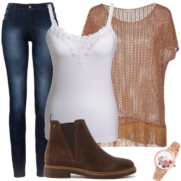 Outfit donna - Trendy #22401. Stile Trendy per Tutti i giorni. Abbinamento con jeans skinny, top, pullover, stivaletti, orologio.
