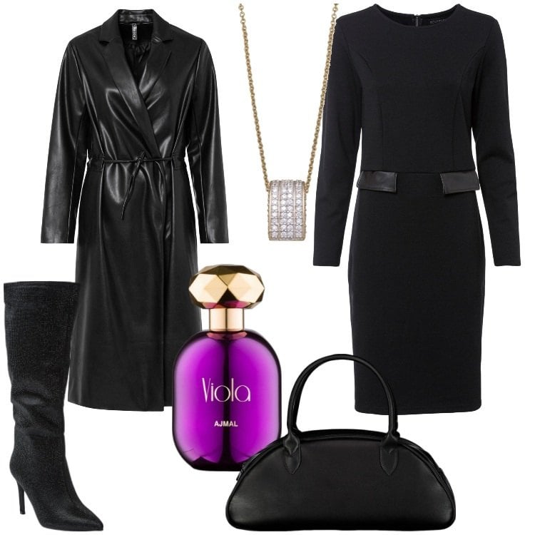 Outfit donna - Uno splendido vestito nero. Stile Trendy per Serata fuori. Abbinamento con vestiti, cappotti, stivali sopra il ginocchio, profumi, borse a spalla, collane.