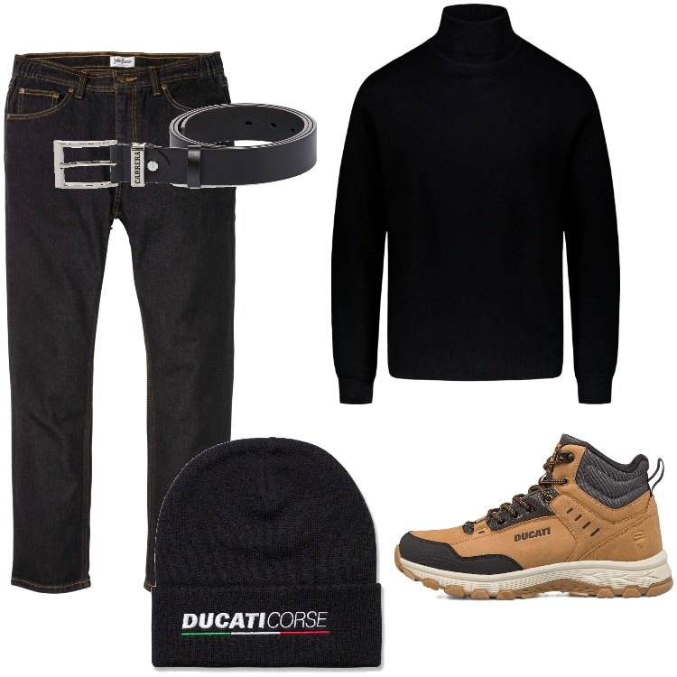 Outfit uomo - Weekend - Ottobre. Stile Casual per Serata speciale. Abbinamento con jeans dritti, cinture, stivali e stivaletti, berretti, maglieria.