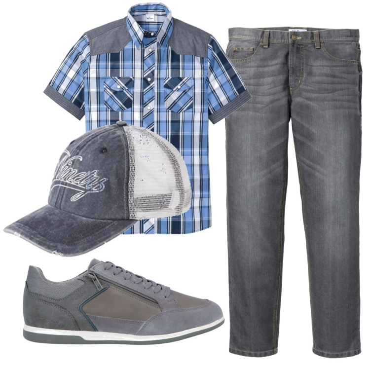 Outfit uomo - Total look #1745952. Stile Casual per Tutti i giorni. Abbinamento con camicie a manica corta, jeans dritti, sneakers, cappelli con visiera.