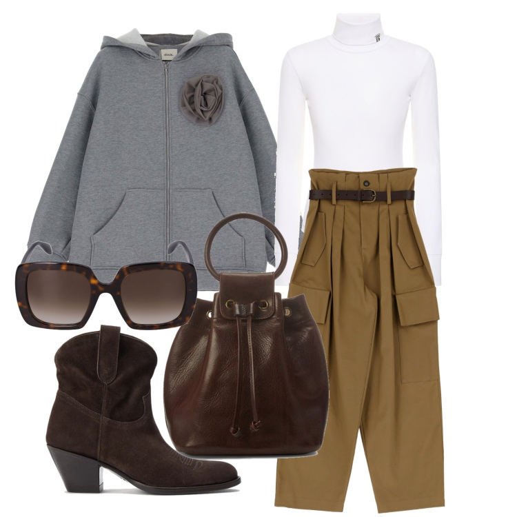 Outfit donna - Ghost outfitter - ottobre. Stile Casual chic per Tutti i giorni. Abbinamento con stivaletti, borse a secchiello, pantaloni a palazzo, felpe con cappuccio, occhiali da sole, maglieria.