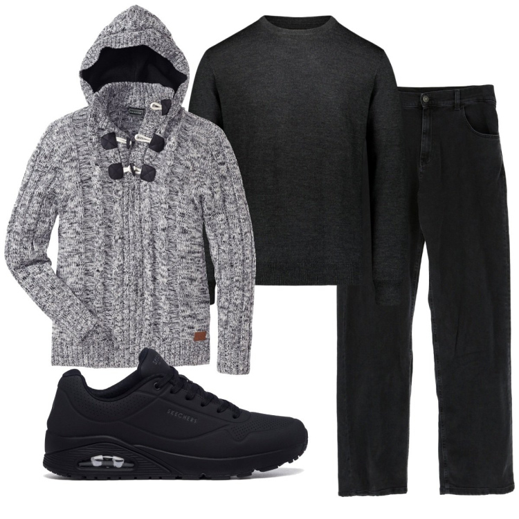 Outfit uomo - Cardigan con alamari. Stile Casual per Ufficio. Abbinamento con maglieria, jeans dritti, sneakers, maglieria.
