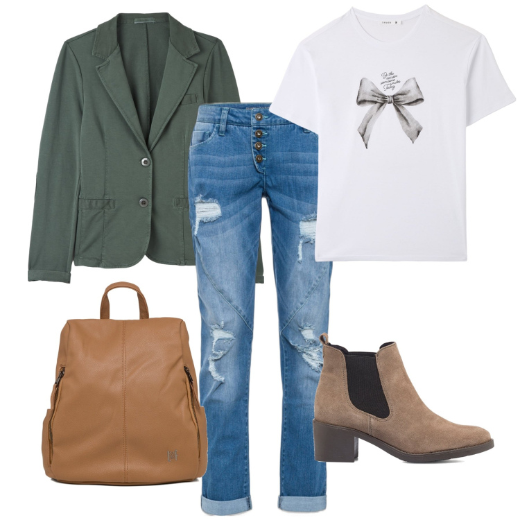 Outfit donna - La t-shirt col fiocco. Stile Casual chic per Tutti i giorni. Abbinamento con jeans boyfriend, cappotti, t-shirt, stivaletti, zaini.