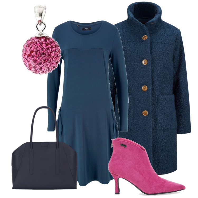 Outfit donna - Blu Inverno. Stile Trendy per Serata fuori. Abbinamento con cappotti, vestiti midi/longuette, stivaletti, borse a spalla, ciondoli.