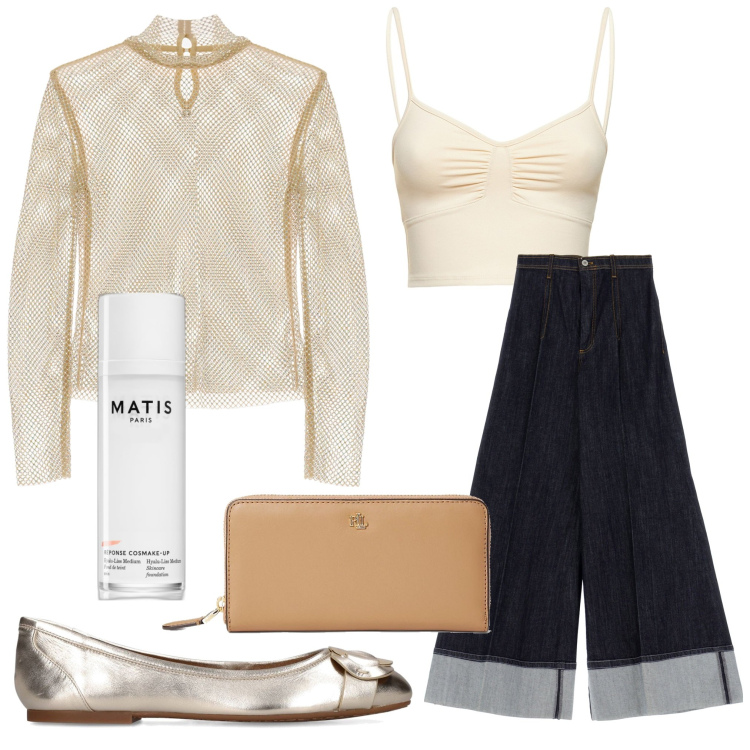 Outfit donna - Total look #1746026. Stile Casual chic per Tutti i giorni. Abbinamento con fondotinta, maglieria, jeans, portafogli, ballerine, reggiseni.