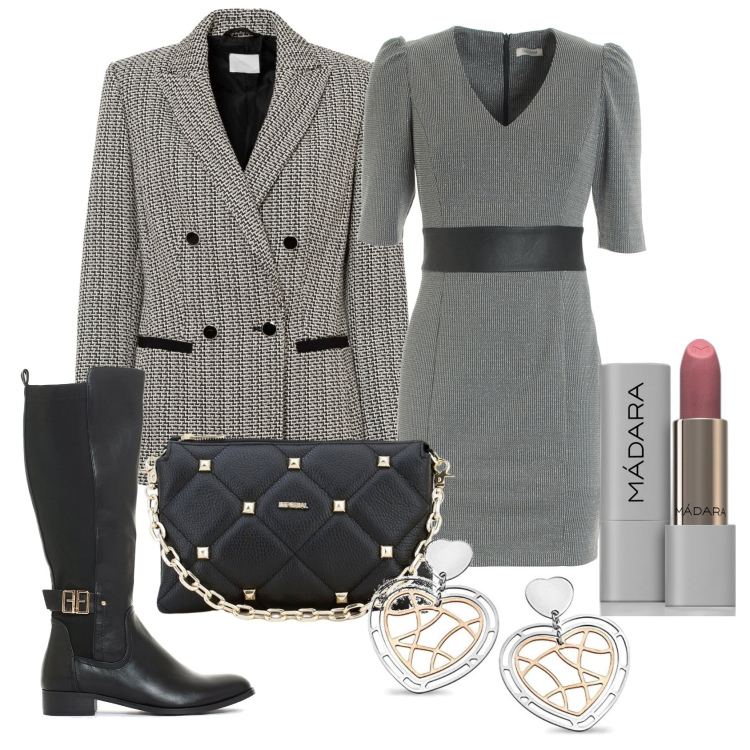 Outfit donna - Dettagli. Stile Casual chic per Ufficio. Abbinamento con blazer, rossetti, vestiti, stivali sopra il ginocchio, pochette, orecchini.