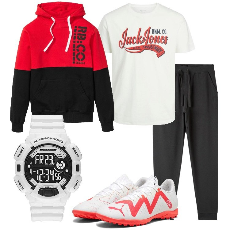 Outfit uomo - Orologio digitale perfetto per lo sport. Stile Casual per Sport. Abbinamento con felpe con cappuccio, pantaloni, scarpe sportive, t-shirt, orologi digitali.