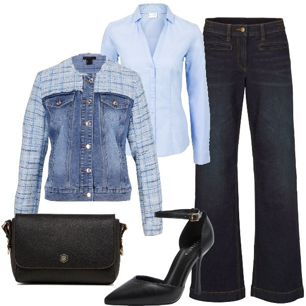 Outfit donna - denim low cost e chic. Stile Chic per Ufficio. Abbinamento con jeans, camicie, giacche, décolleté, borse a tracolla.