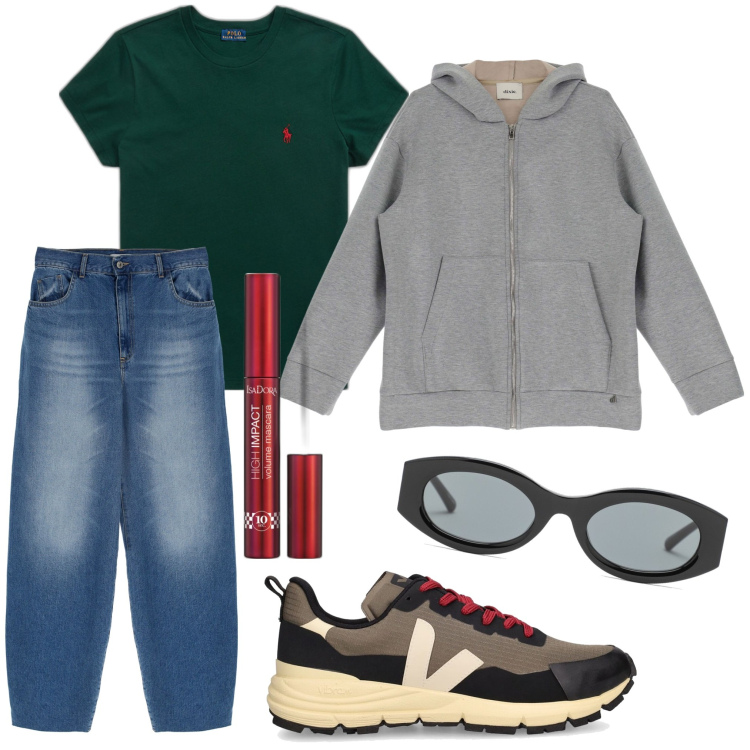 Outfit donna - Total look #1746109. Stile Casual per Scuola/Università. Abbinamento con mascara, felpe con cappuccio, jeans, t-shirt, sneakers, occhiali da sole.