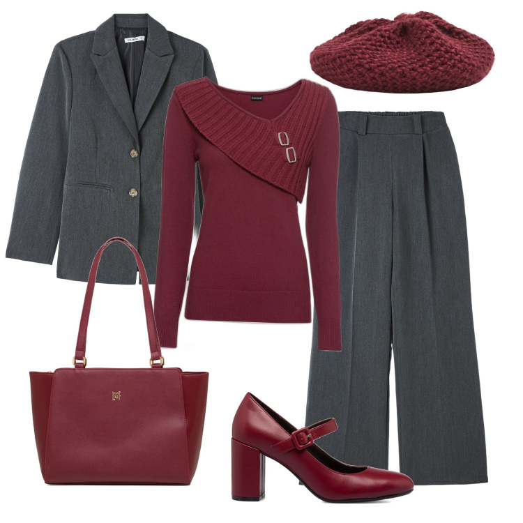 Outfit donna - Grigio e bordeaux ufficio. Stile Trendy per Ufficio. Abbinamento con maglieria, pantaloni, cappotti, cappelli e berretti, décolleté, borse a spalla.