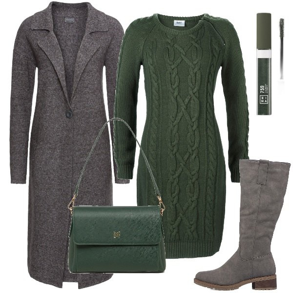 Outfit donna - tutto in maglia plus size. Stile Trendy per Tutti i giorni. Abbinamento con vestiti, cappotti, mascara, stivali sopra il ginocchio, borse a tracolla.