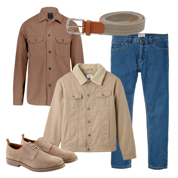 Outfit uomo - Un giorno di sole. Stile Casual per Tutti i giorni. Abbinamento con jeans dritti, cappotti, cinture, camicie, scarpe stringate.