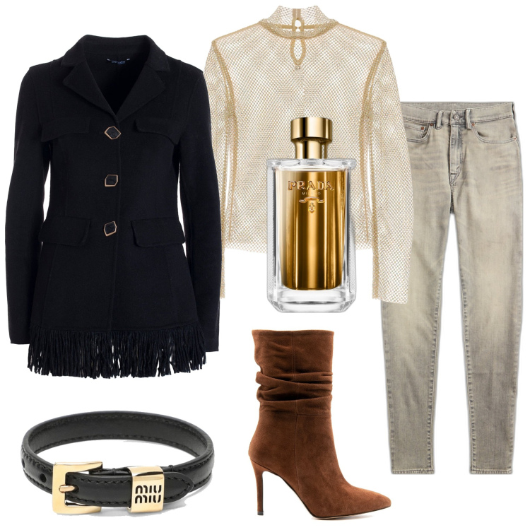 Outfit donna - Total look #1746127. Stile Casual chic per Tutti i giorni. Abbinamento con profumi, cappotti, stivaletti, maglieria, jeans skinny, braccialetti.