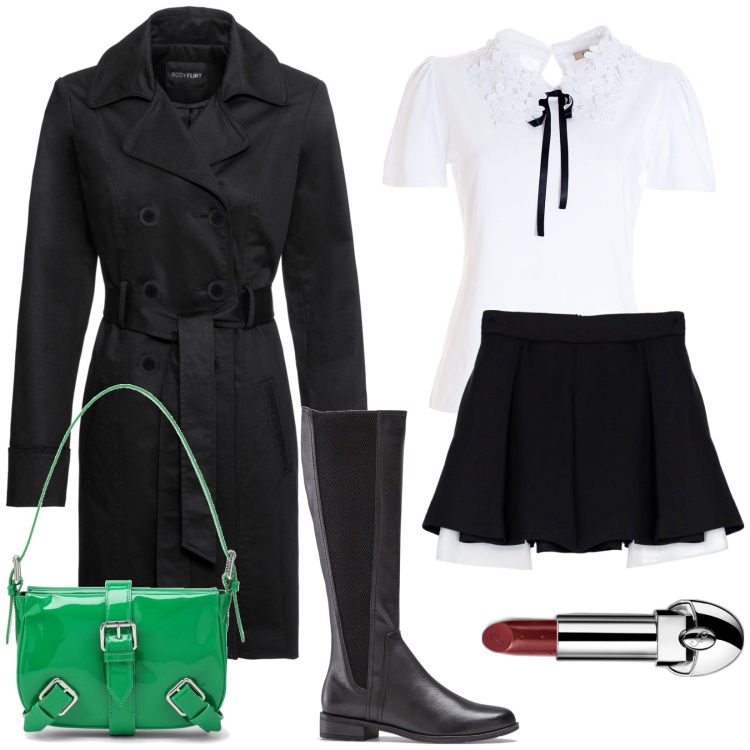Outfit donna - Trench nero. Stile Romantica per Tutti i giorni. Abbinamento con trench, stivali sopra il ginocchio, rossetti, t-shirt, minigonne, borse a spalla.