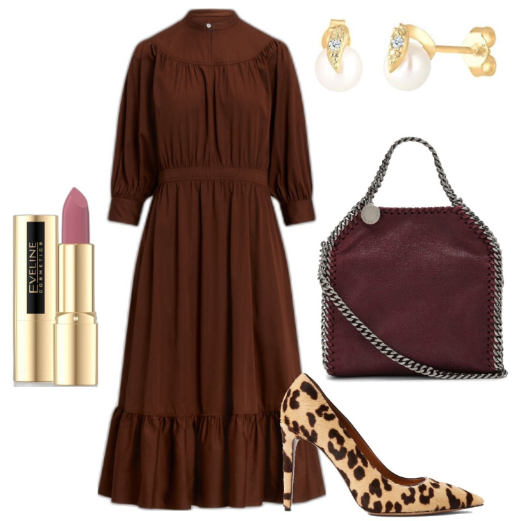 Outfit donna - Le décolleté animalier. Stile Bon Ton per Serata fuori. Abbinamento con rossetti, vestiti, décolleté, borse tote, orecchini.