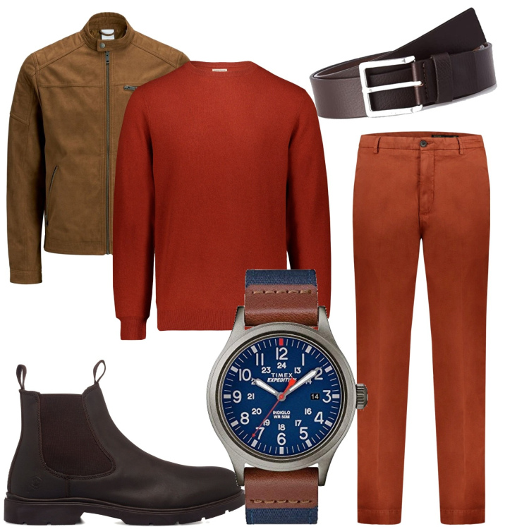 Outfit uomo - Rosso di sera. Stile Trendy per Serata speciale. Abbinamento con stivali e stivaletti, cappotti, pantaloni, cinture, maglieria, orologi analogici.
