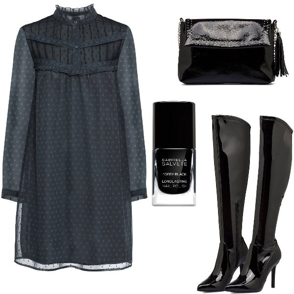 Outfit donna - l\'abito sfizioso e low cost. Stile Glamour per Tutti i giorni. Abbinamento con vestiti, smalti, stivali sopra il ginocchio, borse a tracolla.