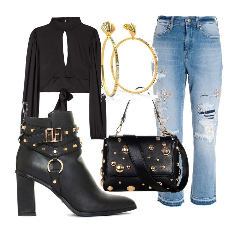 Outfit donna - Jeans + nero e oro. Stile Casual chic per Tutti i giorni. Abbinamento con jeans strappati, stivaletti, borse a spalla, t-shirt, orecchini.