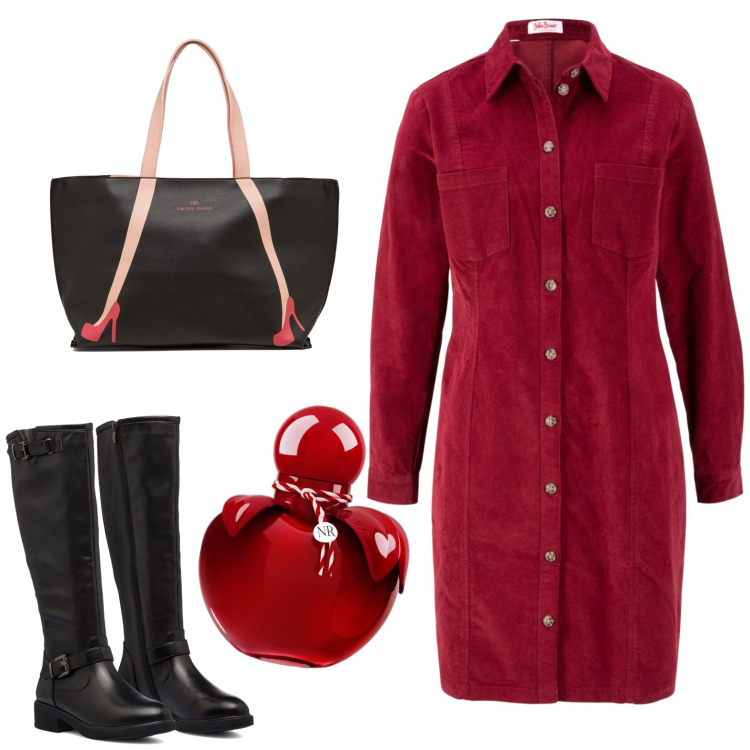 Outfit donna - Total look #1746213. Stile Casual per Tutti i giorni. Abbinamento con vestiti, profumi, borse a spalla, stivali sopra il ginocchio.