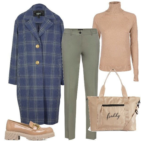 Outfit donna - il cappotto super trendy. Stile Trendy per Ufficio. Abbinamento con pantaloni, cappotti, maglieria, borse tote, mocassini.
