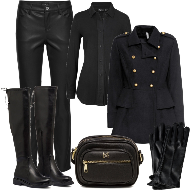 Outfit donna - pantaloni similpelle military style. Stile Military per Ufficio. Abbinamento con camicie, cappotti, pantaloni, stivali, borse a tracolla, guanti.