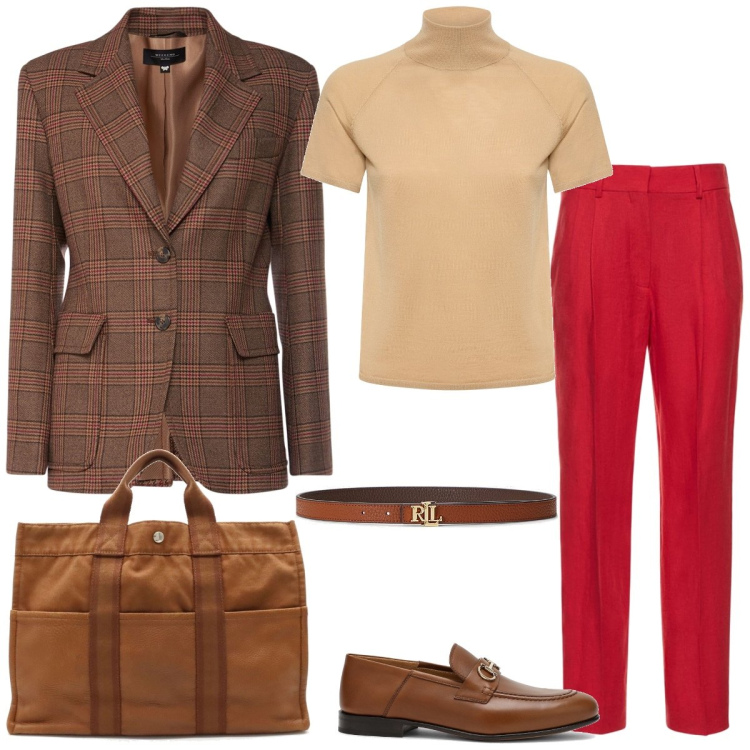 Outfit donna - Ufficio. Stile Casual chic per Ufficio. Abbinamento con borse a mano, cinture, pantaloni, maglieria, giacche, mocassini.