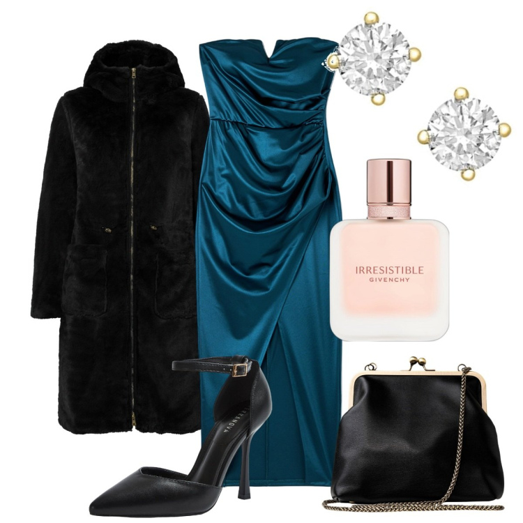 Outfit donna - Irresistibile. Stile Chic per Serata fuori. Abbinamento con ecopellicce, profumi, vestiti lunghi, décolleté, orecchini, clutch.