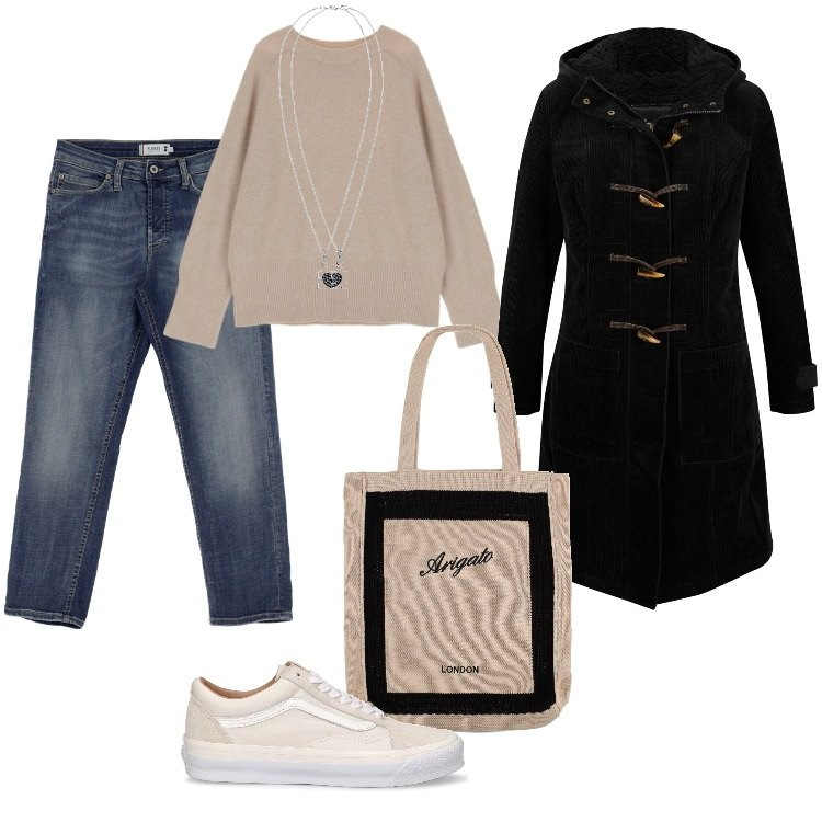 Outfit donna - Kelly_475 Ottobre. Stile Vintage retrò per Ufficio. Abbinamento con montgomery, jeans dritti, pullovers, ciondoli, sneakers, shopping bag.