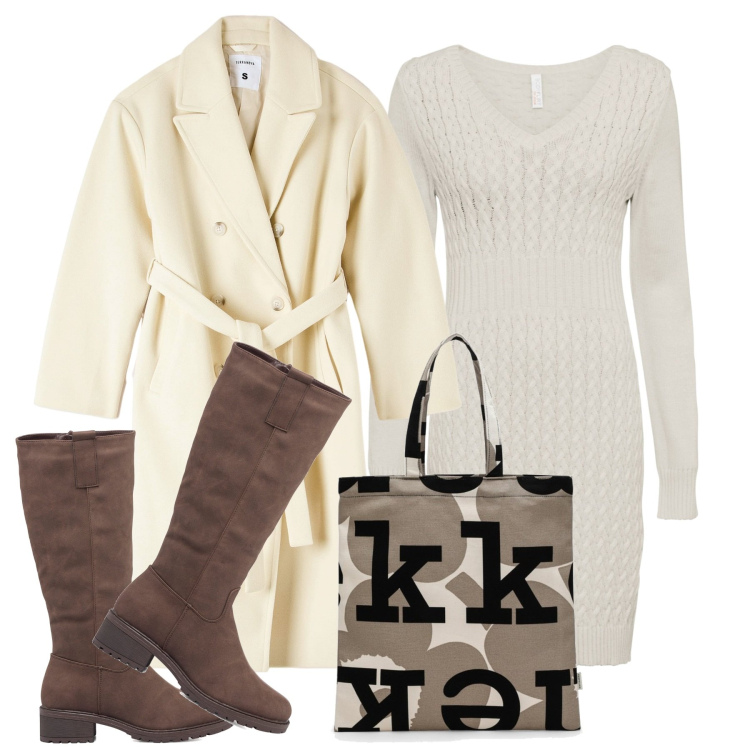 Outfit donna - Avorio in ufficio. Stile Bon Ton per Ufficio. Abbinamento con vestiti, cappotti, stivali sopra il ginocchio, borse tote.