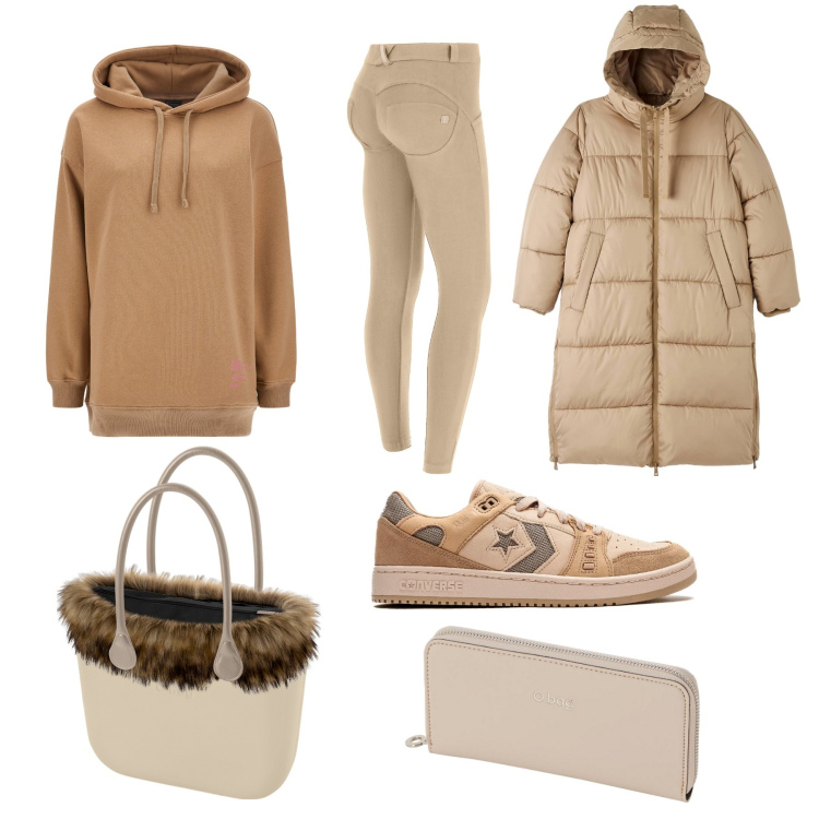Outfit donna - Colori neutri. Stile Trendy per Tutti i giorni. Abbinamento con piumini, pantaloni skinny, felpe con cappuccio, sneakers, borse a spalla, portafogli.