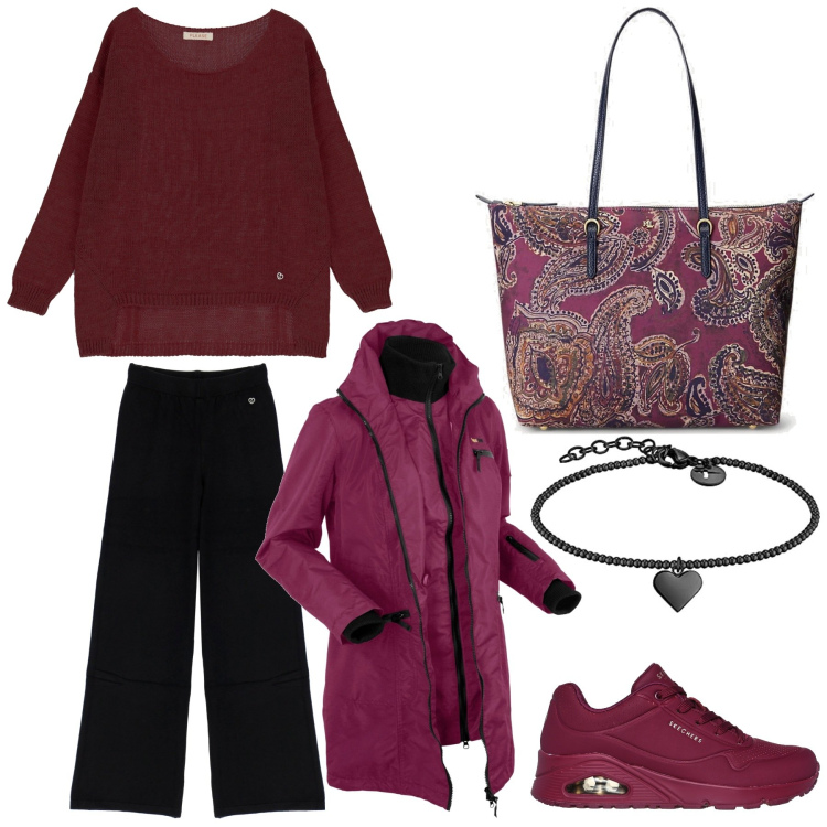Outfit donna - La borsa con fantasia Paisley. Stile Casual chic per Tutti i giorni. Abbinamento con blazer, maglieria, pantaloni a palazzo, sneakers, borse tote, braccialetti.