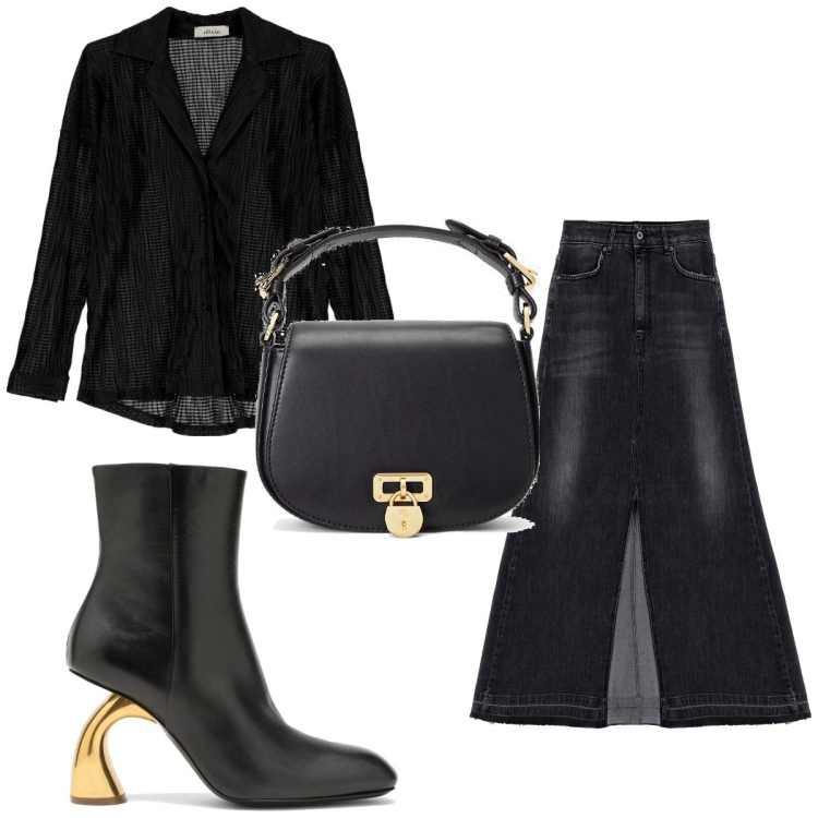 Outfit donna - Total look #1746379. Stile Trendy per Tutti i giorni. Abbinamento con gonne lunghe, camicie, borse a tracolla, stivaletti.